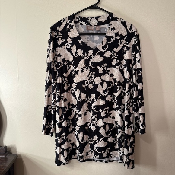 Chico's Black and Tan 3/4 Sleeve Relaxed Graphic Blouse - Picture 1 of 4